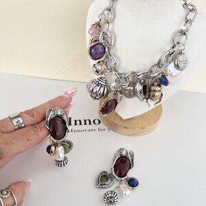 Silver Charm Elephant necklace SET Gems beetle Hearts womens jewelry